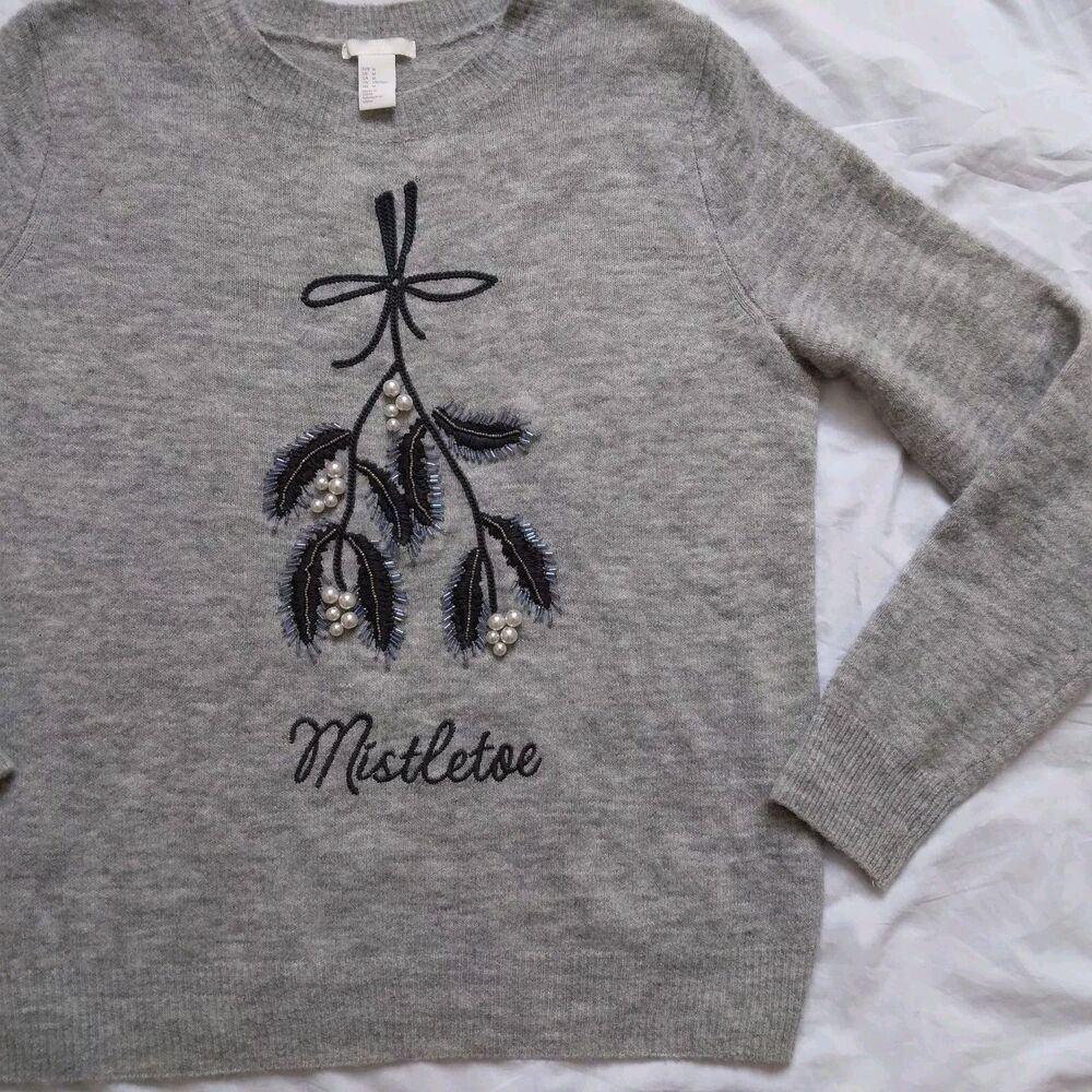 H&M Mistletoe Sweater Beaded Embroidered Holiday Christmas Womens Size Medium - Picture 4 of 10